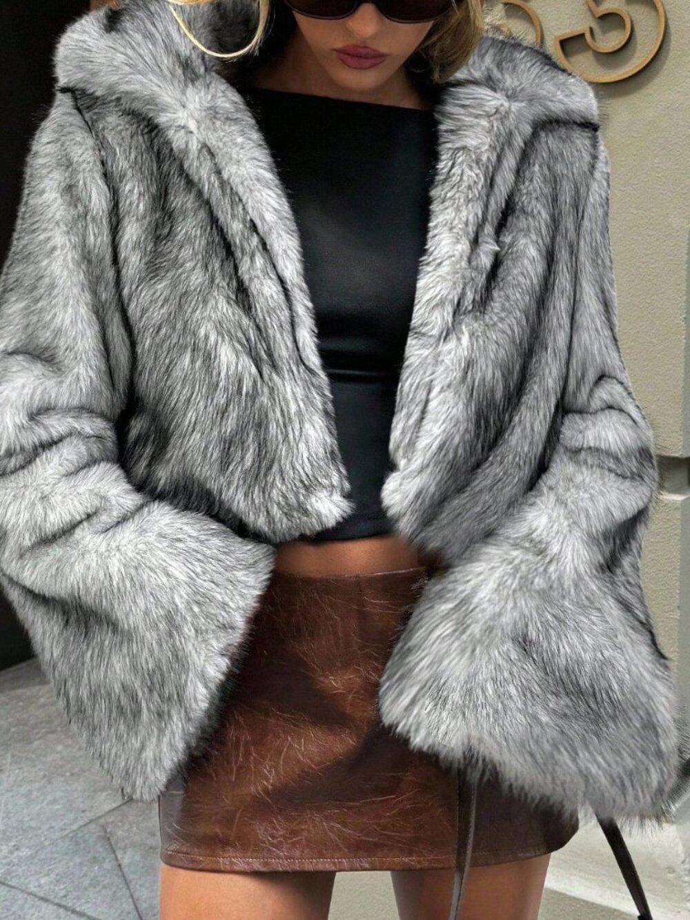 Light Grey Casual Women's Single Breasted Faux Fur Collar Oversized Jacket